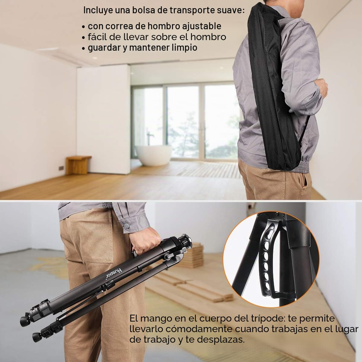 Huepar Trípode 1,6 m Cabeza plana Trípode de aluminio para nivel láser, Con burbuja horizontal, con rosca macho de 5/8 "-11 y adaptador de tornillo de 1/4" -20, Bolsa de transporte incluida - TPD16