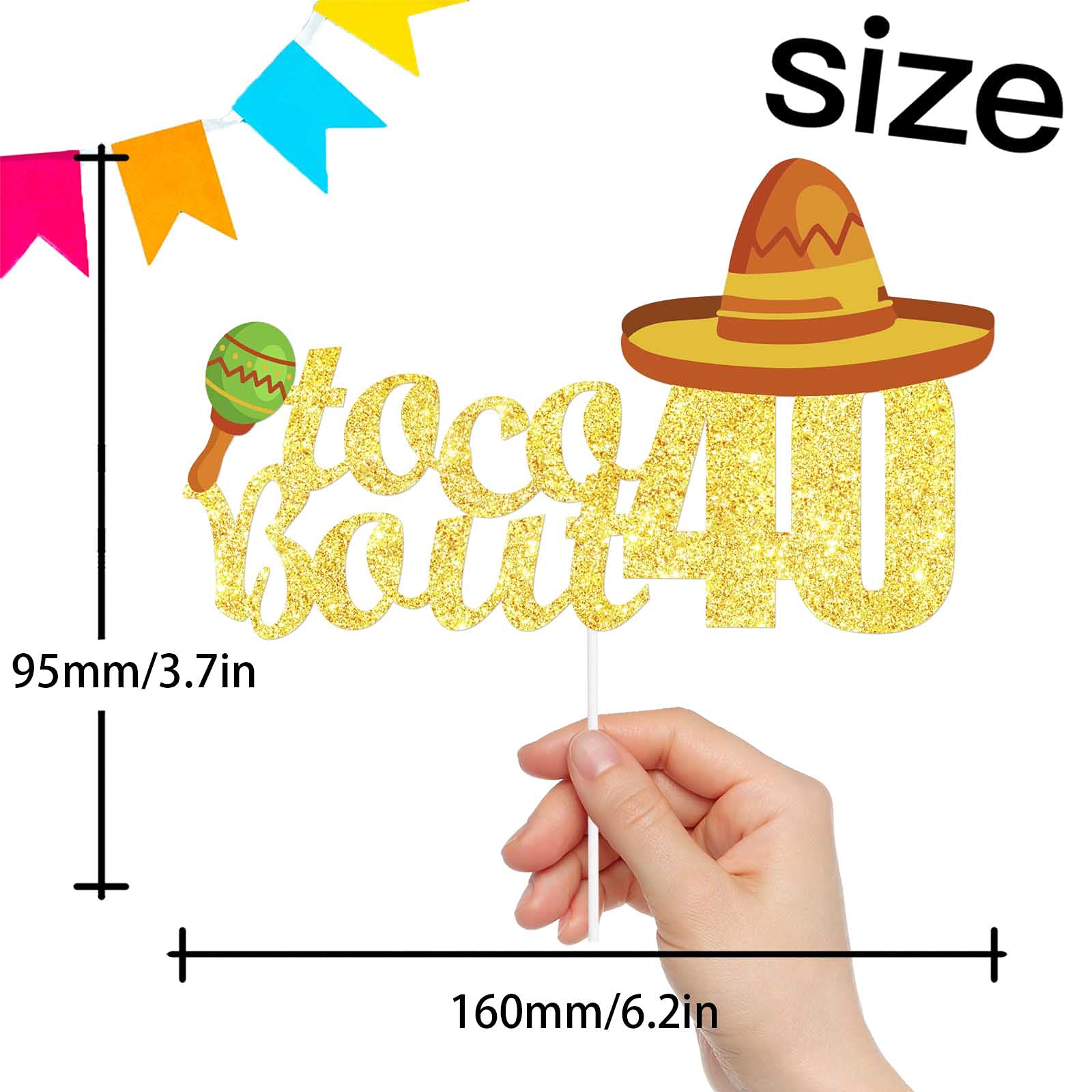 Gold Glitter Taco 40th Birthday Cake Topper – Sombrero Mexican Theme Party Decor, 6.2x3.7 Inches, Food-Grade