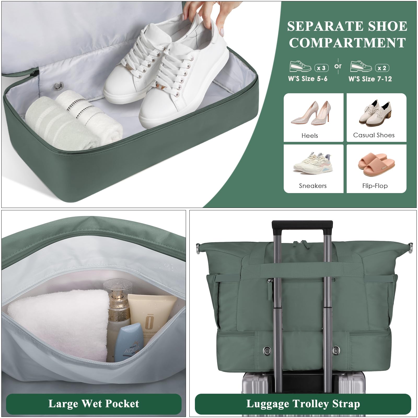 Gym Bag for Women, 45L Carry On Travel Duffel Bag with Shoes Compartment view 4