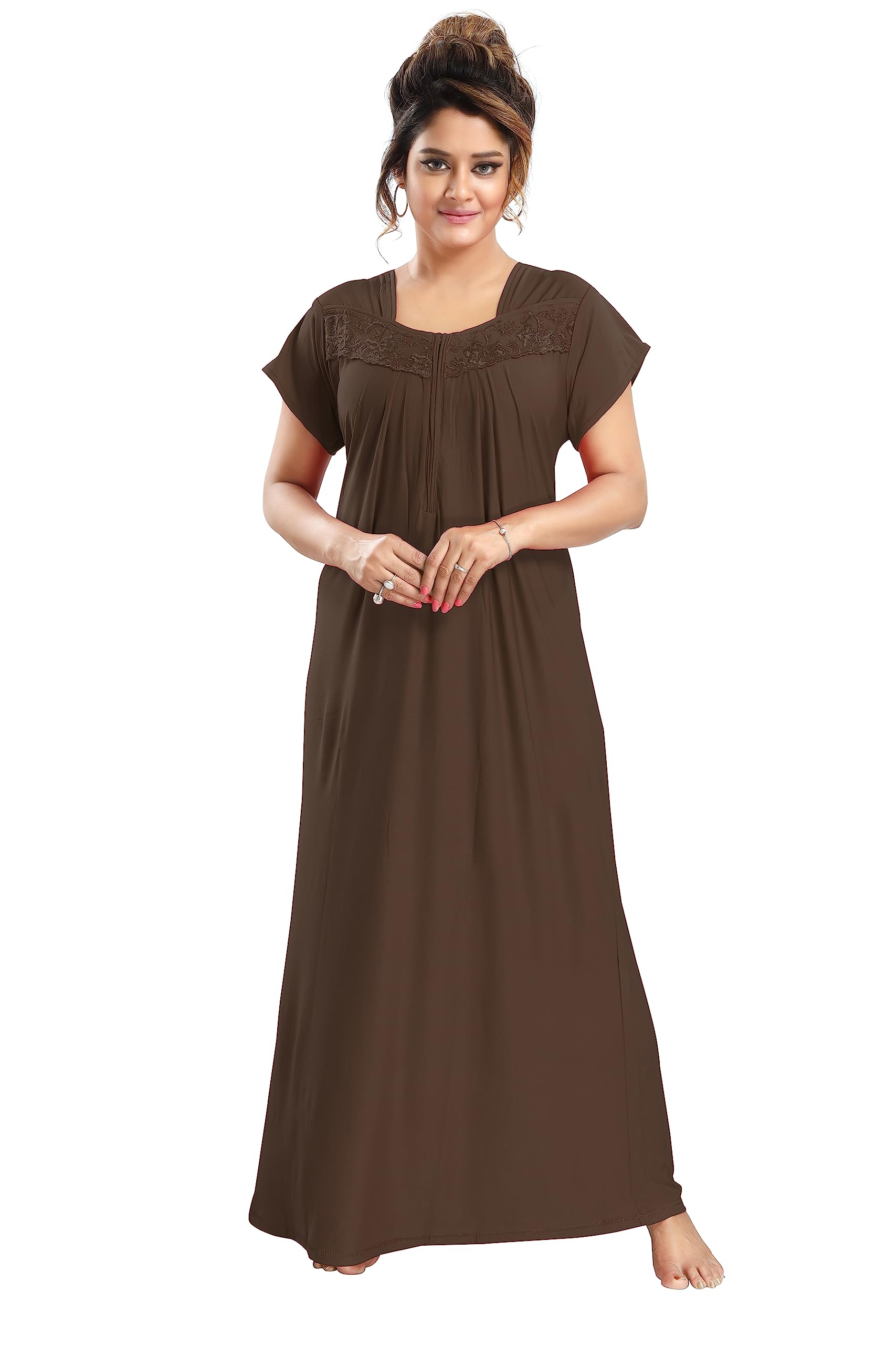 Apparels Solid Maxi Nighty | Embroidered Casual & Regular Nightwear with Front Zip | Comfy Sleepwear | Cotton Nightgown for Women/Mother/Girlfriend/Wife-image-40