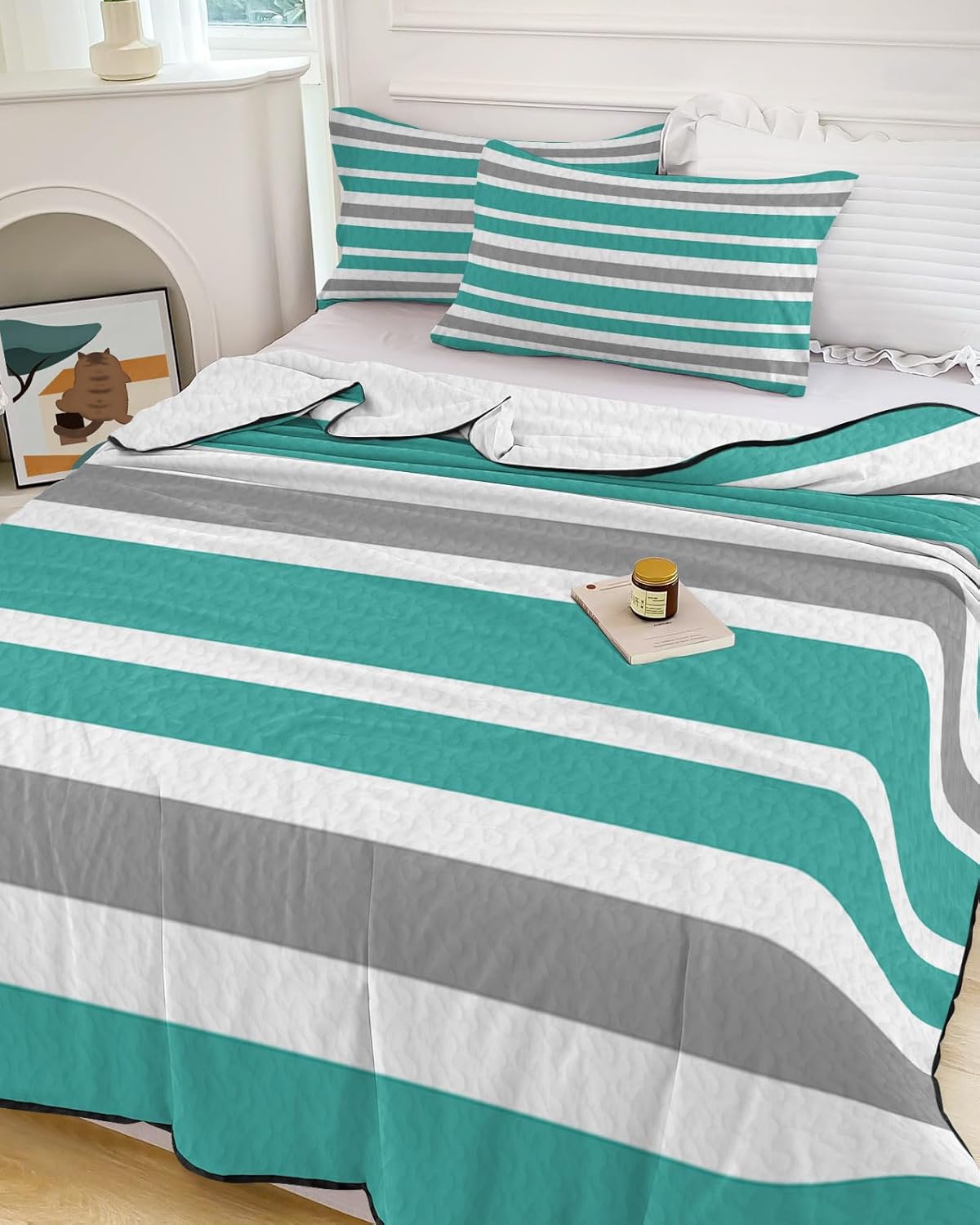 King Size Quilt Set, Art Stripes Teal White Grey Lines Lightweight Bedspread Coverlet Set Soft Microfiber Summer Quilt with 2 Pillow Shams, Classic Theme 3 Piece Comforter Bedding Set