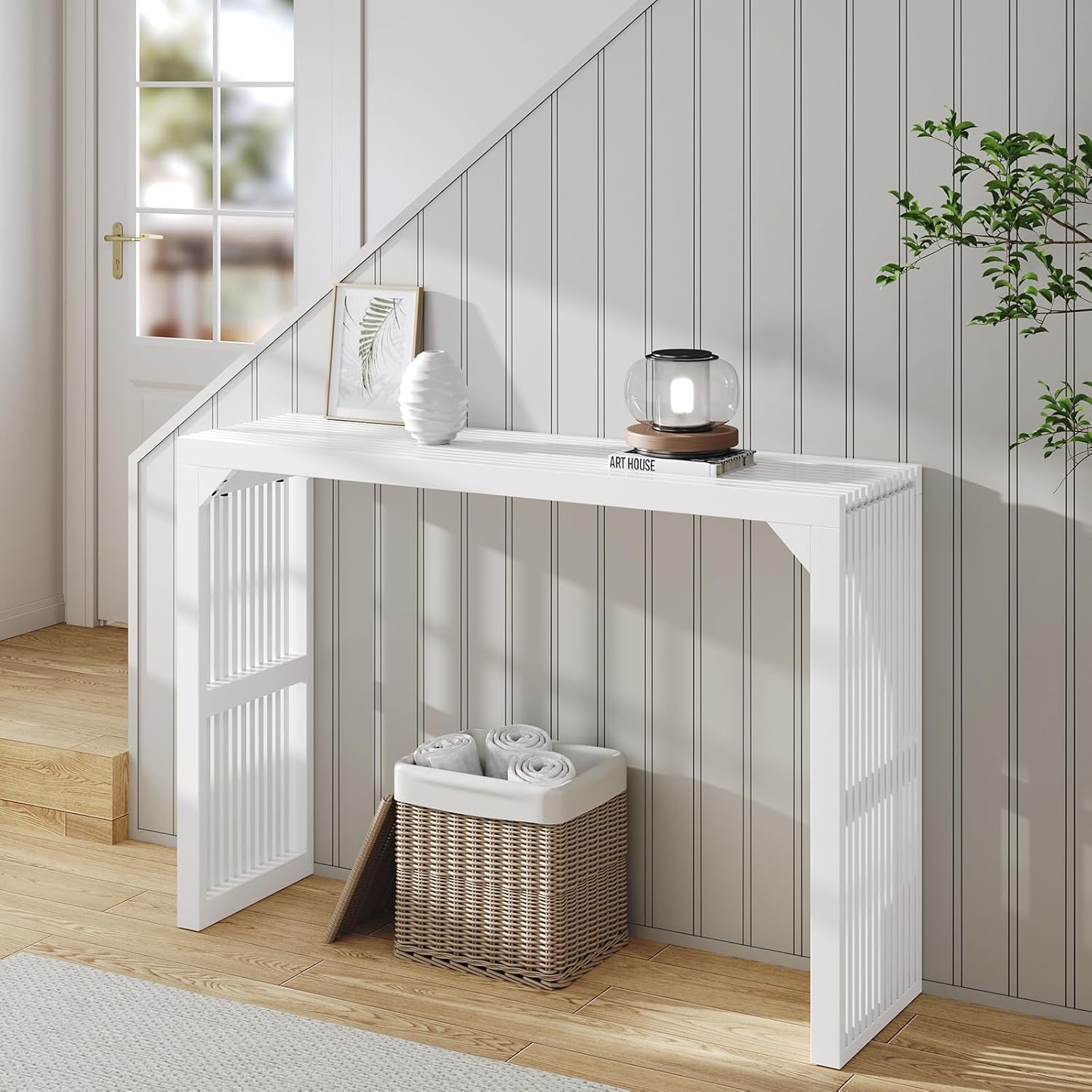 ROOMTEC Narrow Console Tables for Entryway, 46" Solid Wood Console Table Behind Couch, Farmhouse Entryway Table with Storage, Console Tables for Living Room, Hallway, Foyer (White, Console Table)