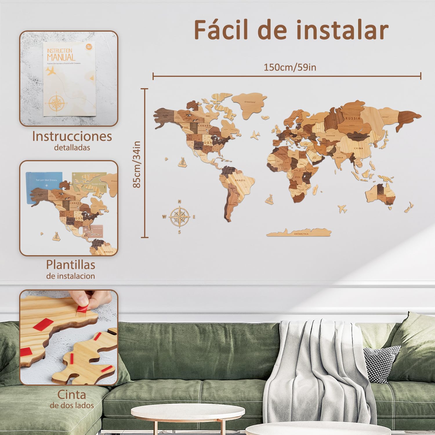 Creawoo Mapa del Mundo 3D de Madera para Decoración de Pared, Grande Mapamundi Maciza Natural Multicapa Arte de Pared para Oficina Sala de Estar Dormitorio, Mapamundi de Viaje de Madera-150x85cm
