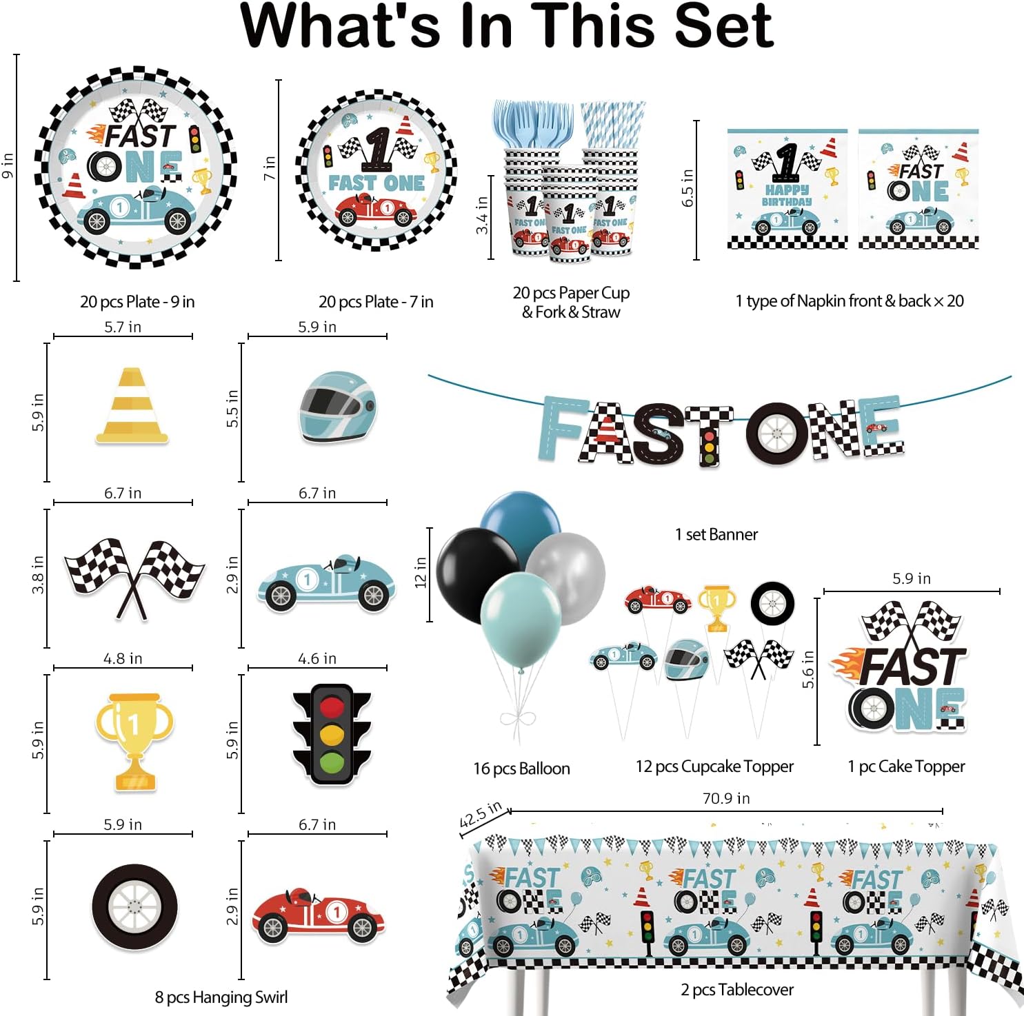 Xynic 160pcs Fast One Birthday Decorations For Boys Tableware Complete Party Set, Fast One Birthday Decorations, Blue Race Car & Car Theme 1st Party Supplies Boy, Serves 20 Guests - Image 2