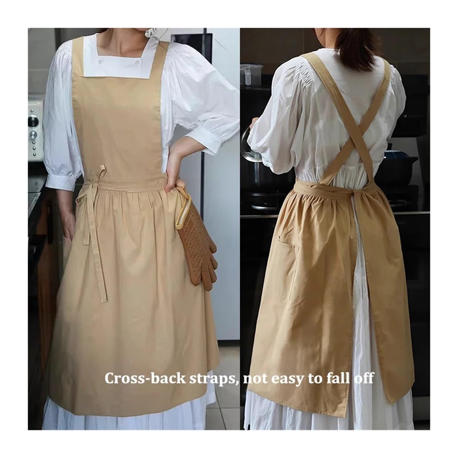 Tela Grembiuli Grembiule da cucina donna lungo in cotone pieghettato con tasca for cucinare e cuocere al forno, abito incrociato sul retro, for salone di bellezza, negozio unghie