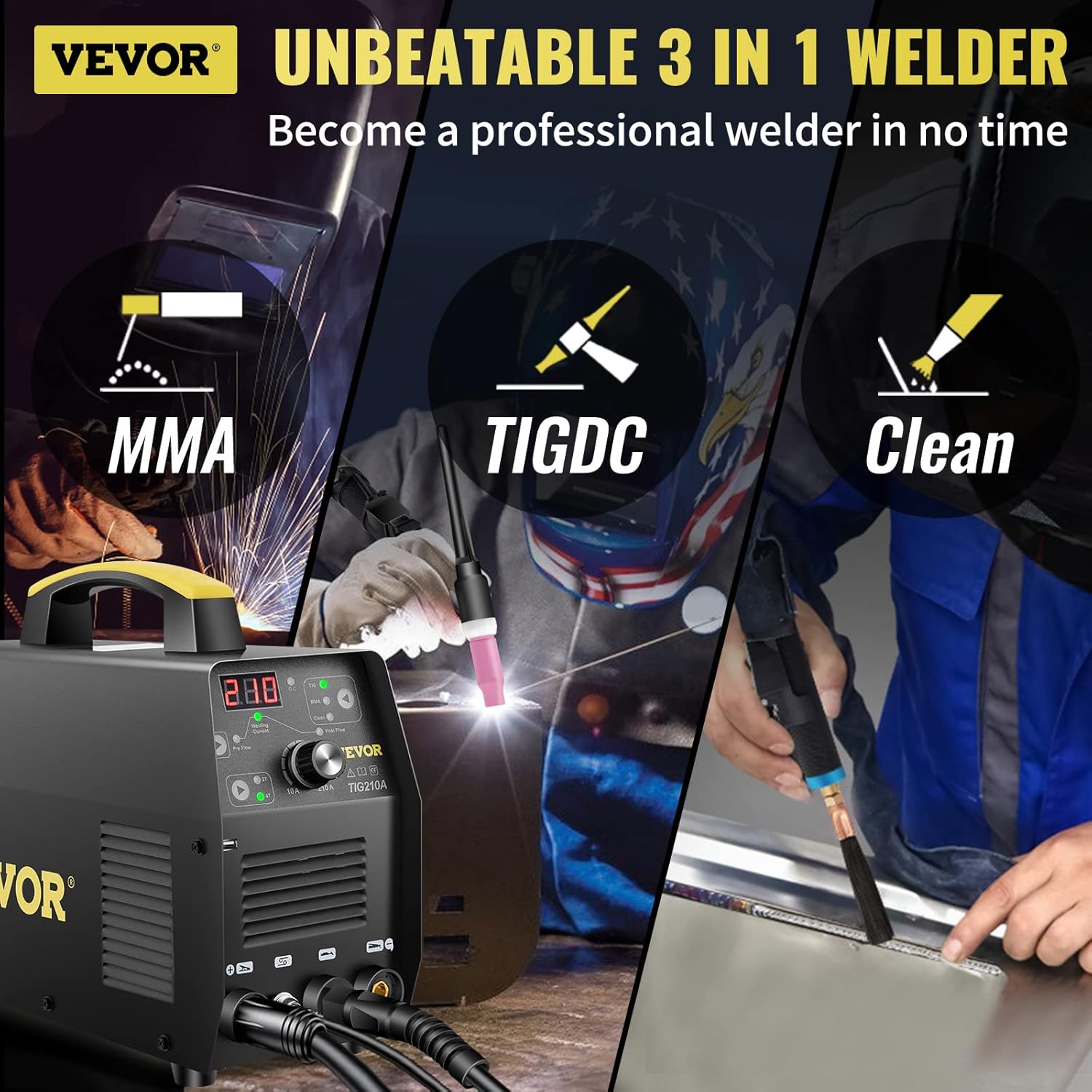 VEVOR 210Amp TIG Welder, Welder TIG 3 in 1, 110/220V Dual Voltage HF TIG/Stick/Clean Welding Machine w/USB, IGBT Inverter & Torch, Digital Arc Welder - - 