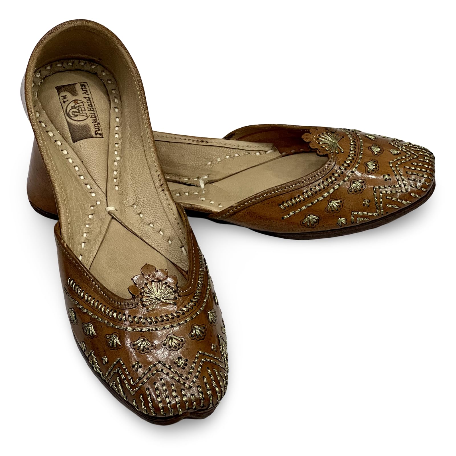 PHA || Women's Handcrafted Leather Jutti, Brown with Gold Embellishments, Traditional Ethnic Design Soft & Comfortable PHAs Punjabi Juttis (UK Footwear Size System, Adult, Women, Numeric, Medium, 5)-image-15