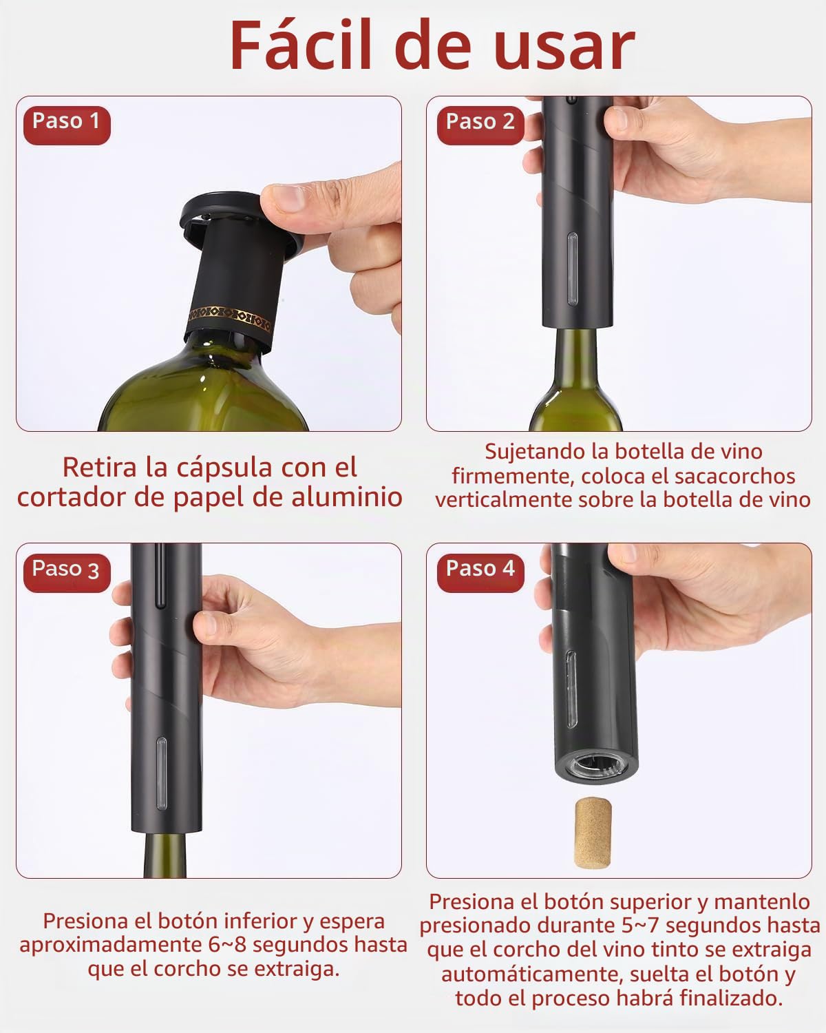Sacacorchos Eléctrico Recargable, Abrebotellas Automático Inalámbrico, Abridor de Vino Automático Profesional con Cortacápsulas y Cable USB, Regalo para Amantes del Vino, Negro