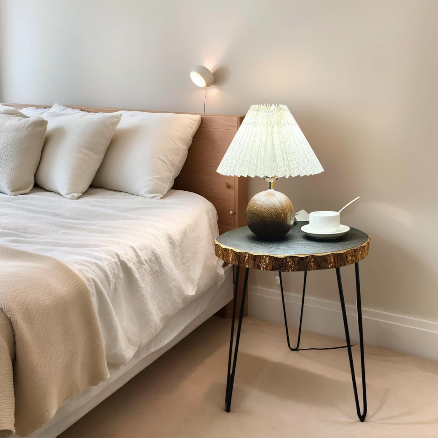 Live Edge Side Table, Black Round Natural Edge End Table with Hairpin Legs, Unique Carbonized Wood Nightstand, Farmhouse Decor (14" L x 13" W x 17" T)