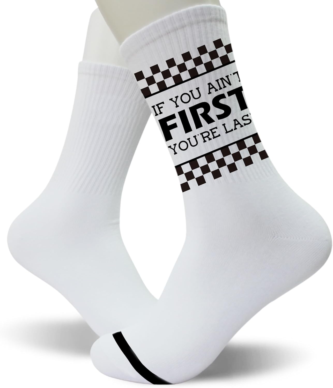 “If You Ain’t First You’re Last” Racing Crew Socks for Men and Women, Funny Graphic Socks - Image 3