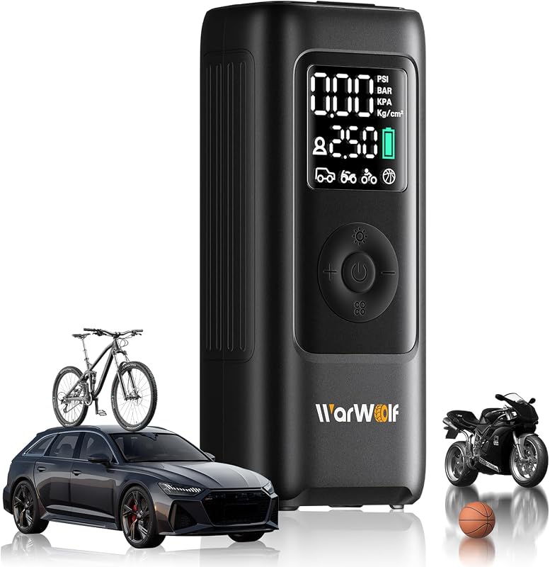 WARWOLF Compresor de aire portátil para inflar neumáticos de 160 PSI, bomba de aire eléctrica para neumáticos de auto con manómetro, doble potencia 12 V CC, luz LED, apagado automático, bomba de neumáticos para automóvil, motocicleta, bicicleta, pelotas