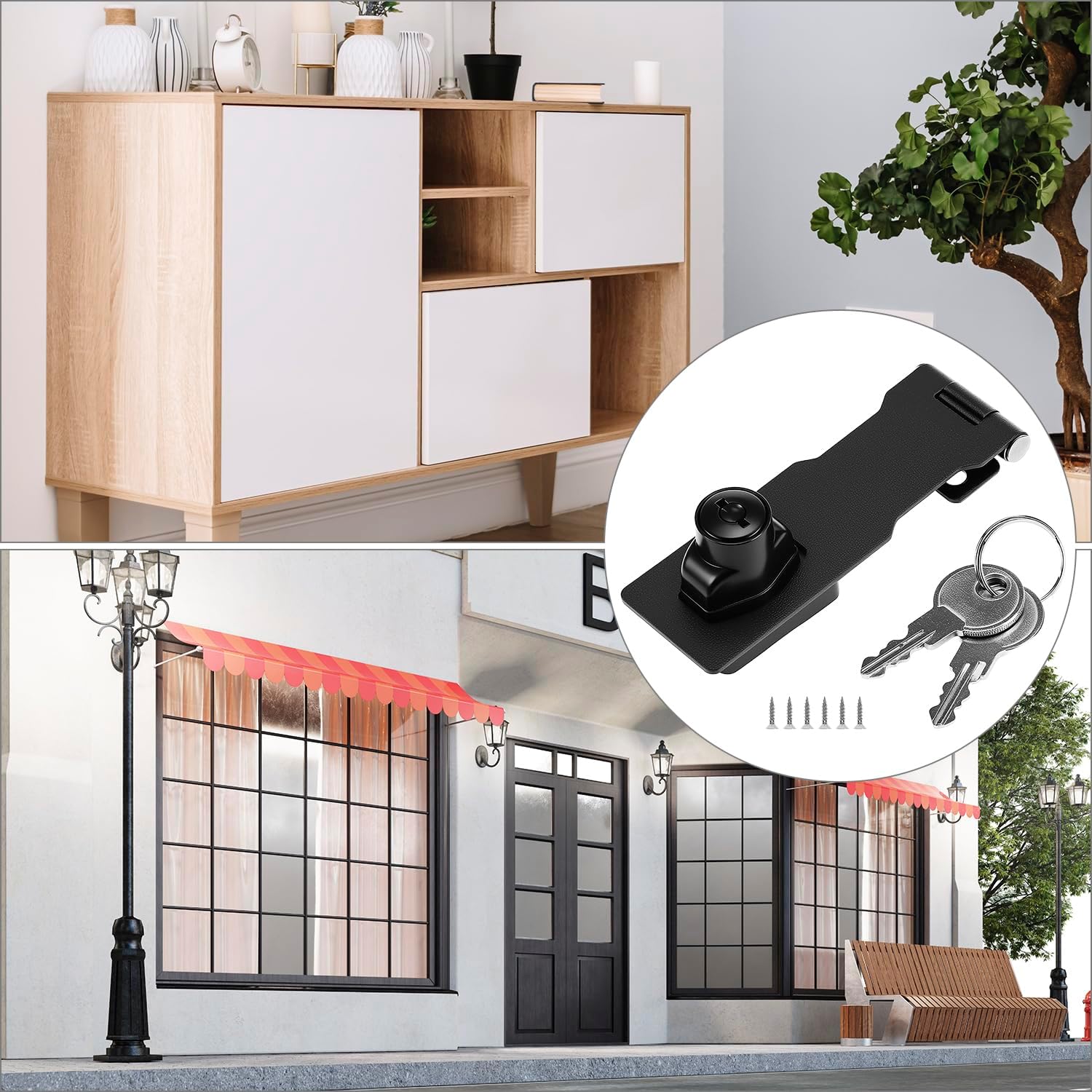 QWORK Keyed Hasp Locks, 4 Pack, 4 inch Black Door Locks with 24 Mounting Screws and 8 Keys, Durable Zinc Alloy Material, Strong and Corrosion Resistant, Easy Installation