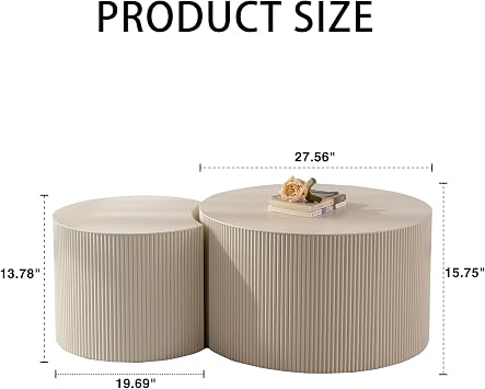 Round Nesting Coffee Table Set of 2, Modern Handcraft Wood Fluted Drum Circle Side Table Small Minimalist Unique Tea End Table for Living Room, No Assembly Required, 27.56 &19.69, Crescent Beige