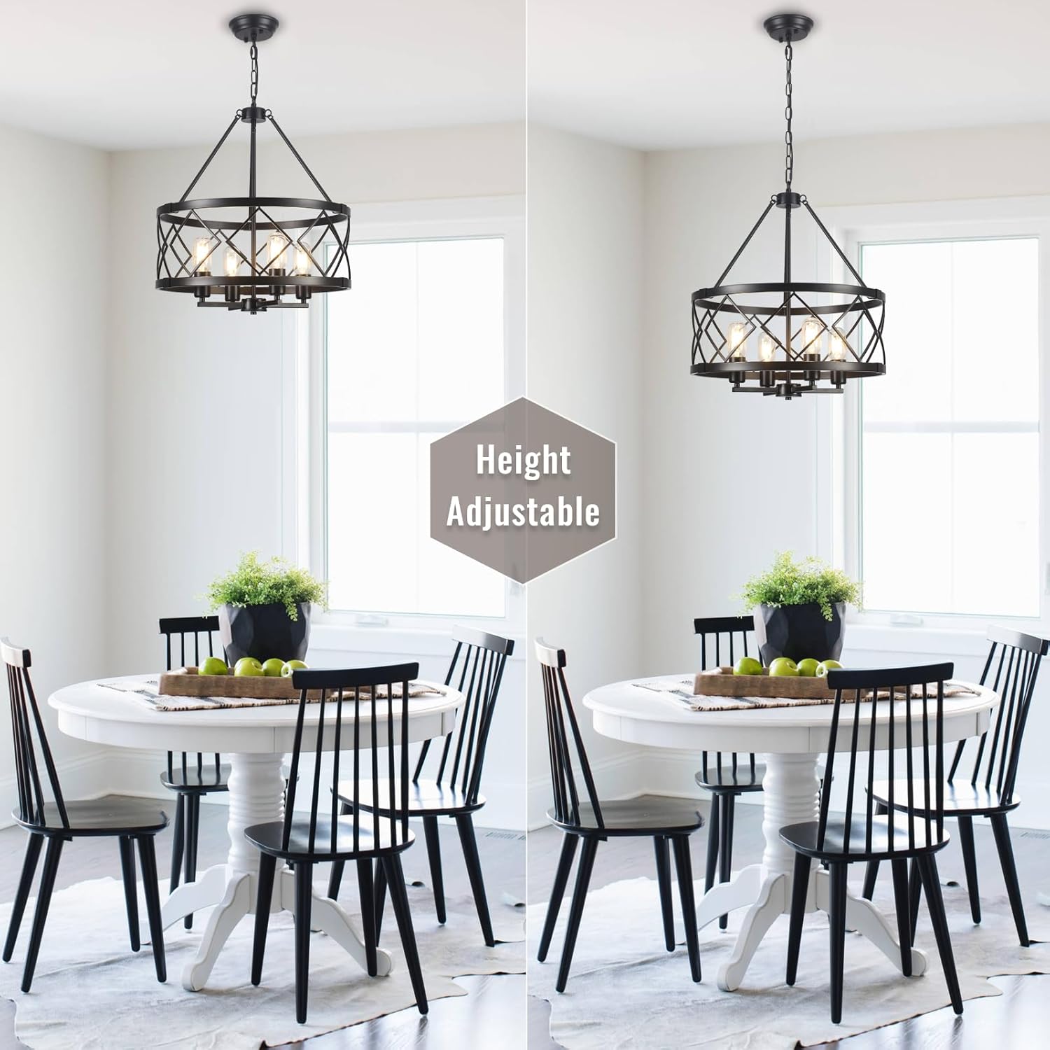 Farmhouse Chandelier Modern 4 Light Black Chandeliers for Dining Room 17.71’’ Inch Rustic Vintage Hanging Drum Pendant Light for Foyer Entryway Kitchen Living Room