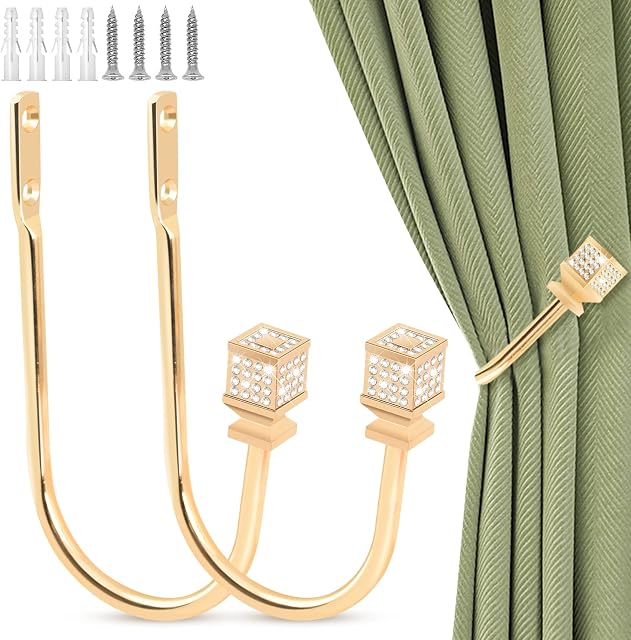 Curtain Holdbacks Gold Crystal Curtain Tiebacks Hooks for Curtains Decorative Drapery Holdback Wall Mounted Heavy Duty Metal Curtain Holders Pullbacks for Drapes Pair