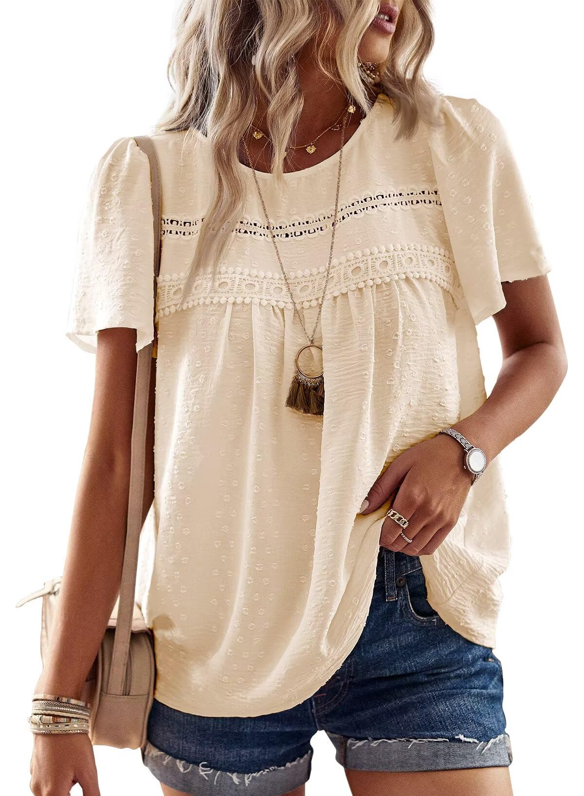 TUUHAW T-Shirt da Donna Pizzo Manica Corta Magliette con Scollo Estive Camicia Casual Abbigliamento Boho Top Maglie Tunica