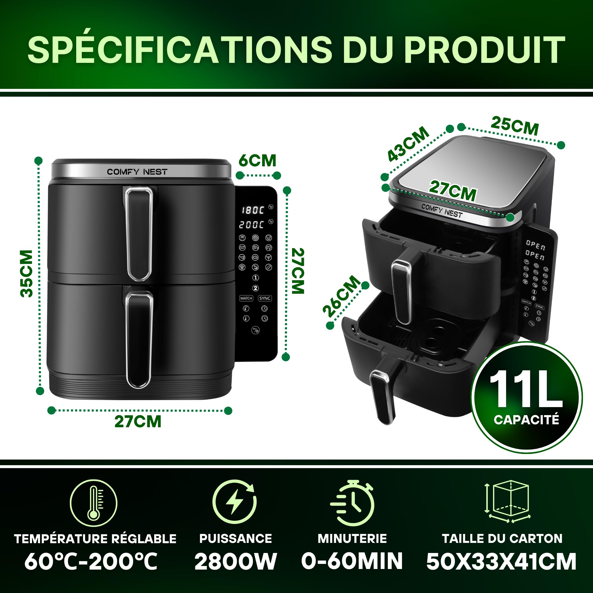 Comfy Nest, Airfryer met dubbele mand van 11 liter, Airfryer, gelijktijdig koken, digitaal touchscreen, Rapid Air-technologie, verbeterde veiligheid, gemakkelijk schoon te maken - 5,5 liter, Zwart