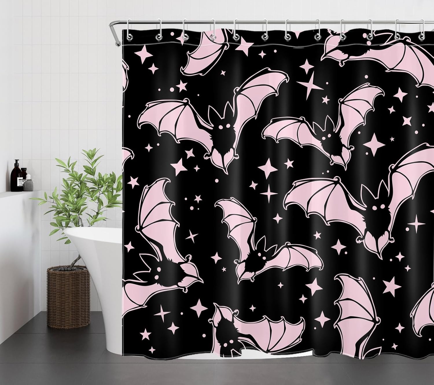 LB Spooky Halloween Shower Curtain Set with Rugs - Gothic Horror Pink and Black Bats Fabric Shower Curtain with Hooks - Funny Halloween Bathroom Curtains, 70x70 inches