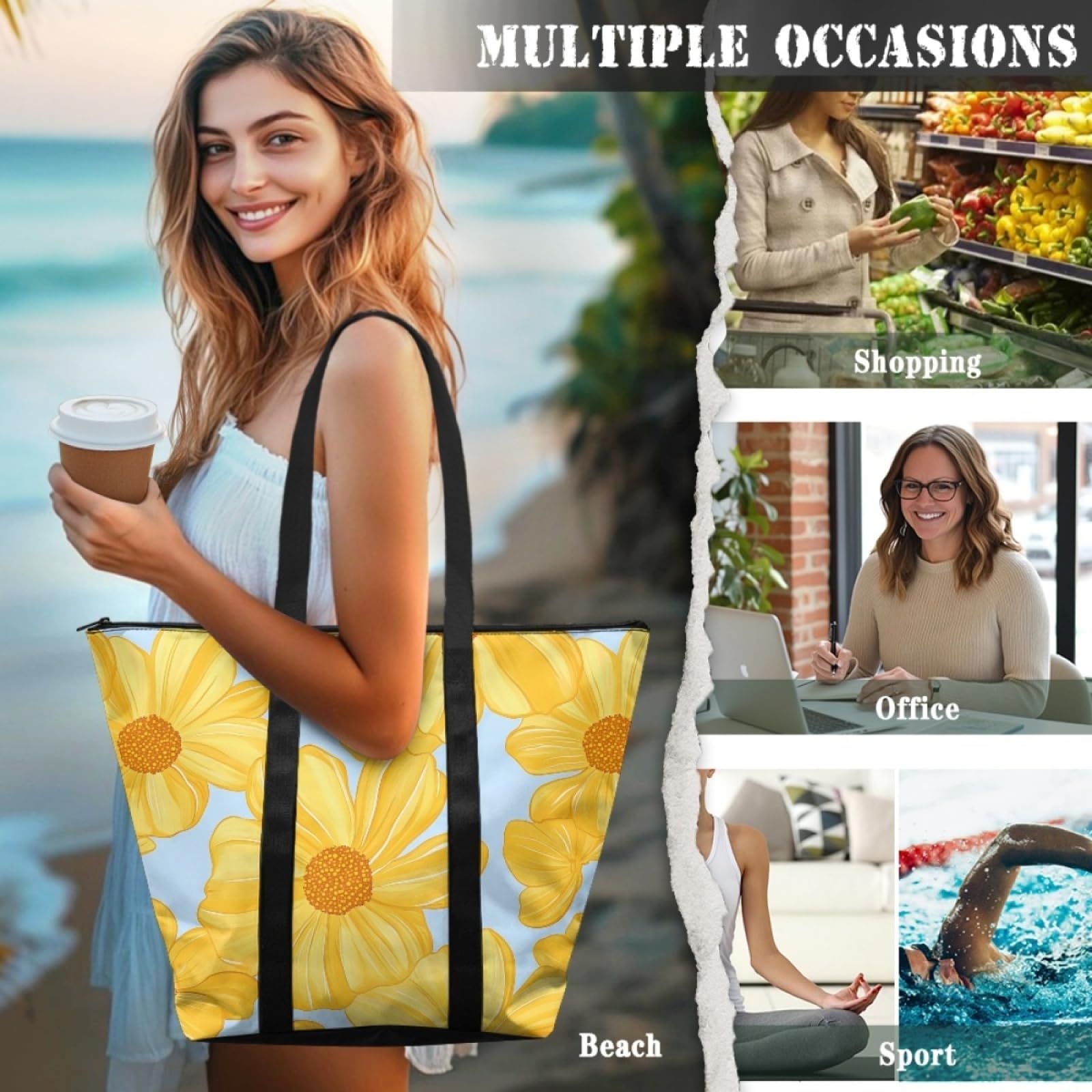 Tote Bag Tela Bolsa Tela Poliéster Bolsa Compra Plegable Bolso de Mano de Mujer Reutilizable Totebag Playa Cremallera Duradero Bolso Viaje