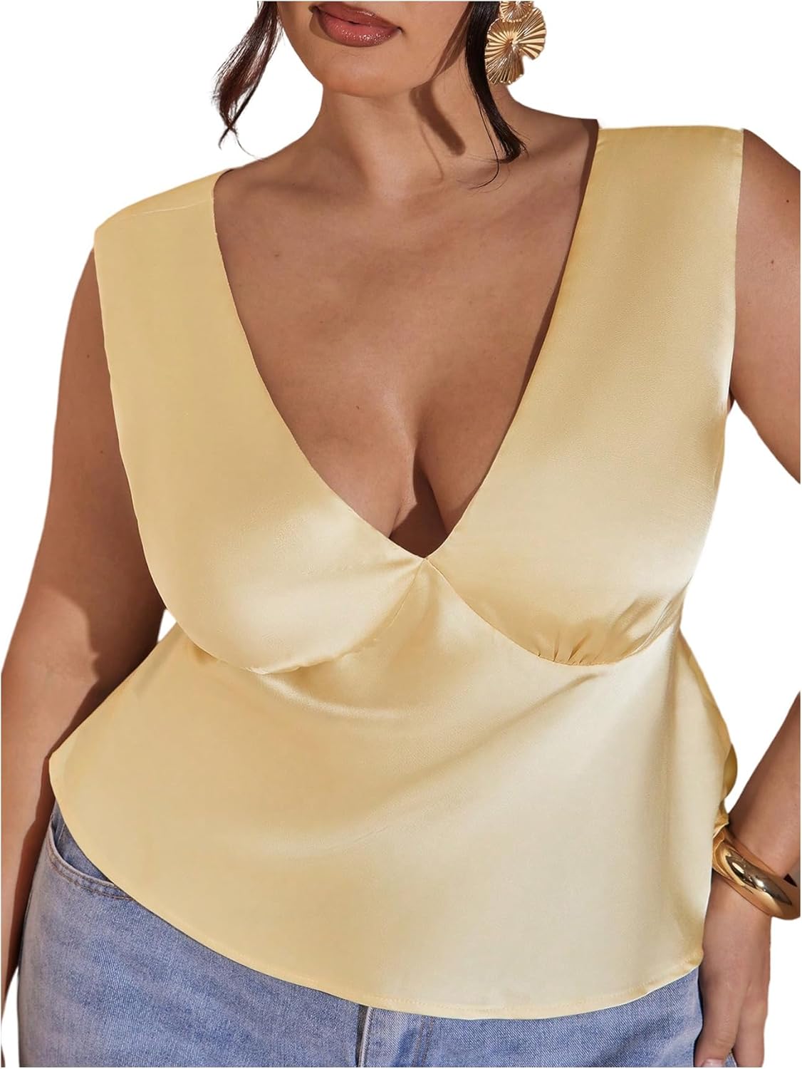 WDIRARA Women's Plus Size Satin Tank Top Deep V Neck Sleeveless Top Shirts