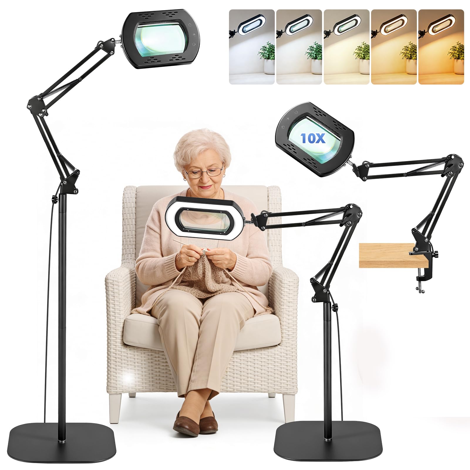 10 lupas con luz y soporte, 3 en 1 LED de aumento, manos libres, 5 modos de color, regulable sin niveles, lupa de lectura para personas mayores, lente de aumento manos libres para pintura, costura
