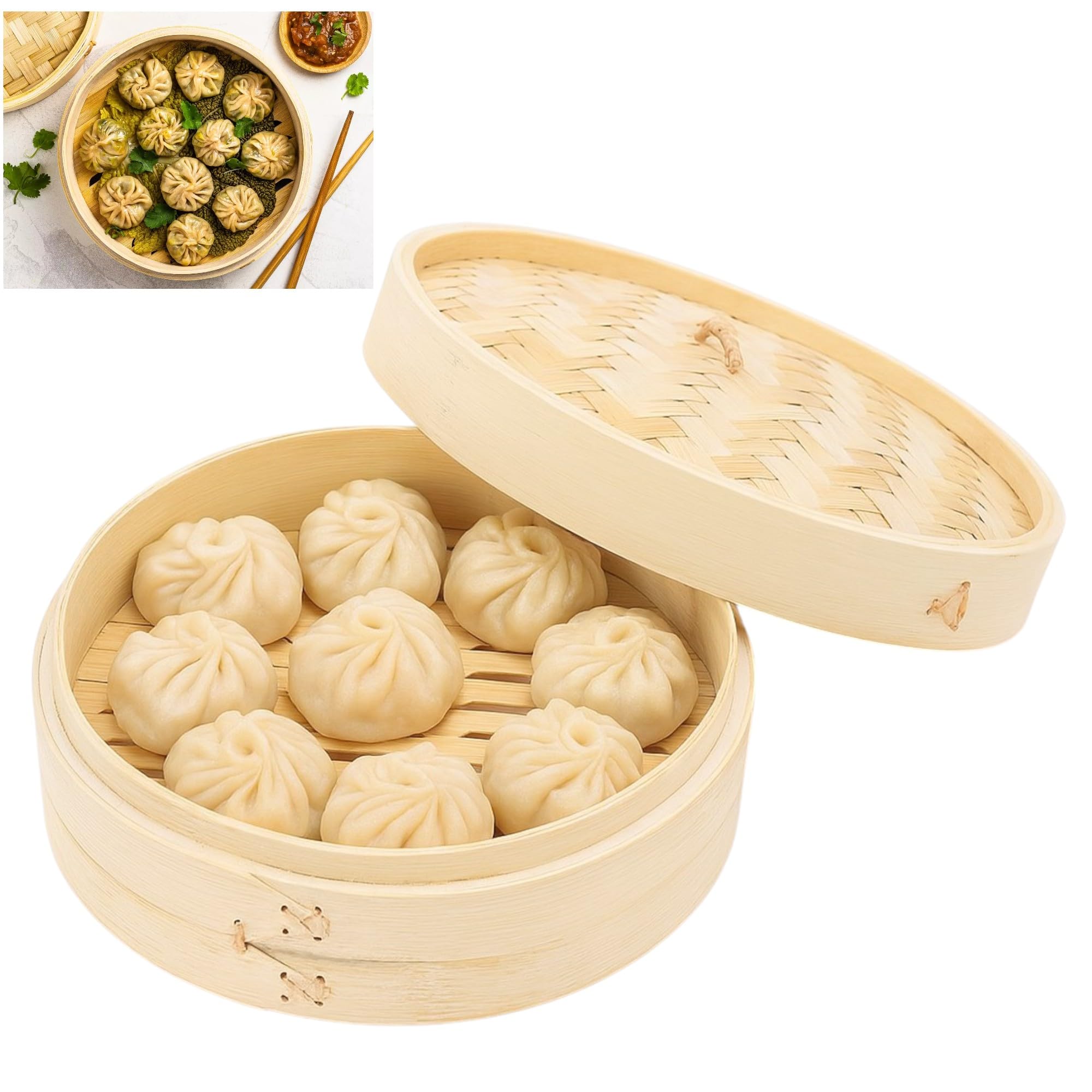 Bamboo Basket Dimsum Vegetable Dumpling Momo Steamer | 7 Inches Diameter | Authentic Asian Cooking for Healthy Chinese Cuisine at Home