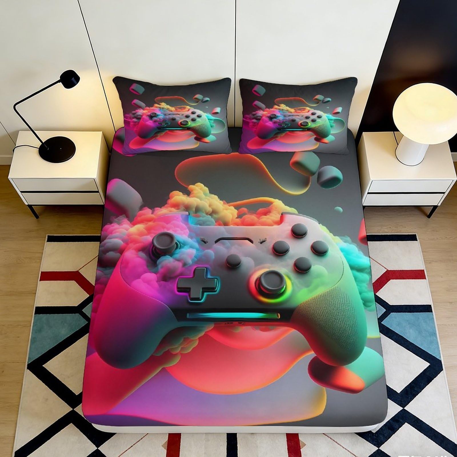Pnayamiorkfel Style-6 3D Printed Neon Game Controller Fitted Sheet Microfiber Soft Breathable Abstract Cloud Mattress Cover For Bedroom Dorm Decor 90X200x25cm