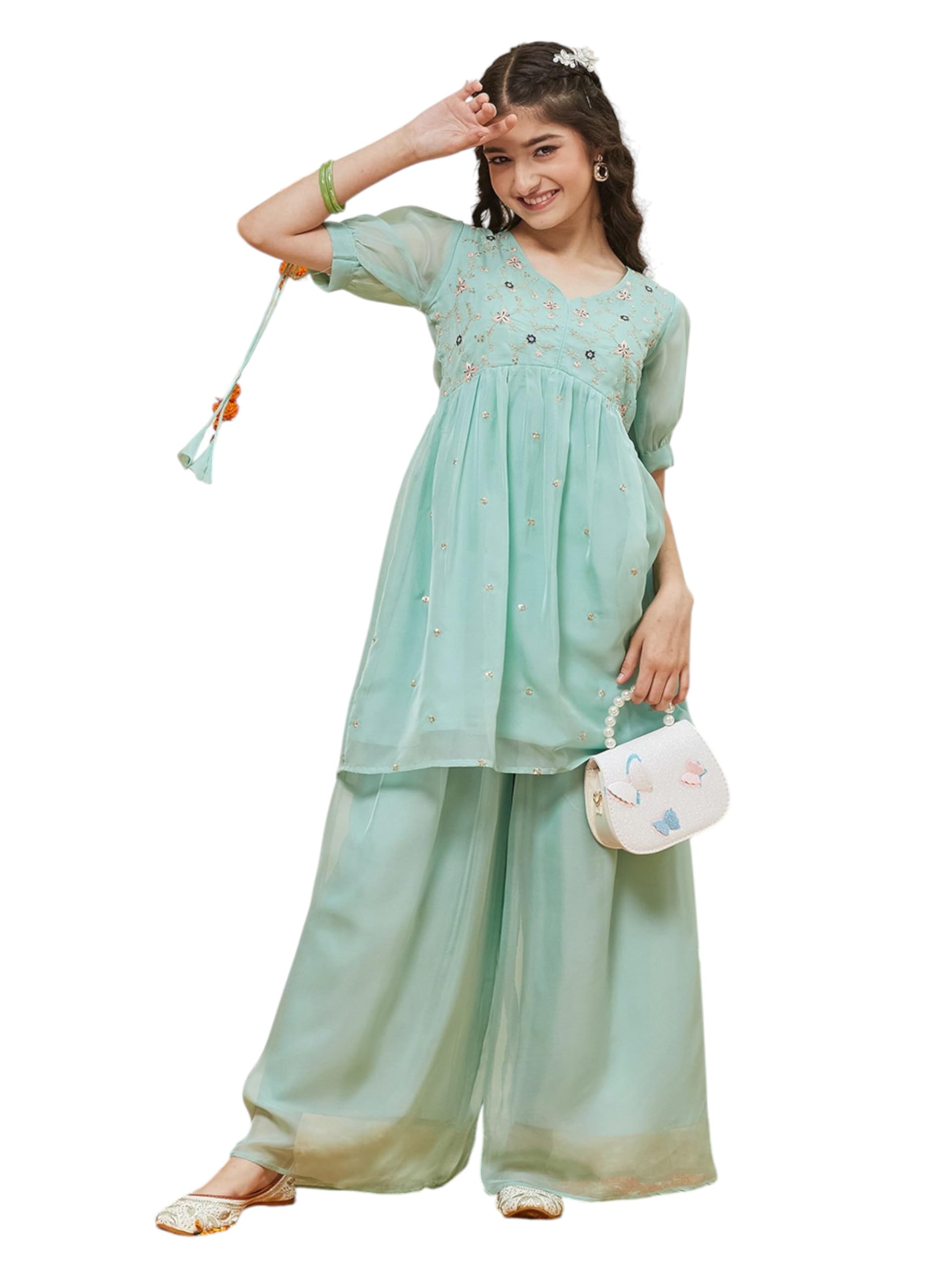 curly tales Girls Organza Floral Embroidered Kurta Top and Plazzo Set | Traditional Ethnic Kurta Top with Plazzo Ethnic Dress for Girls-picture-11
