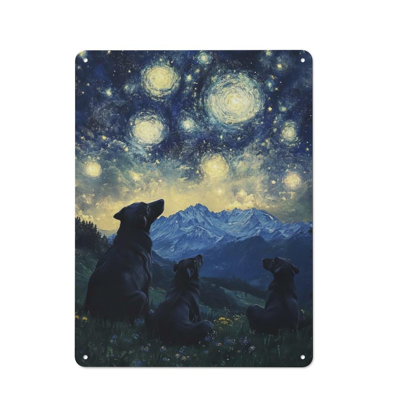Rustic Tin Wall Sign 40x30cm Featuring Starry Night Dogs, Bistro Wall Plaque for Restaurant, Kitchen, Counter Or Breakfast Nook