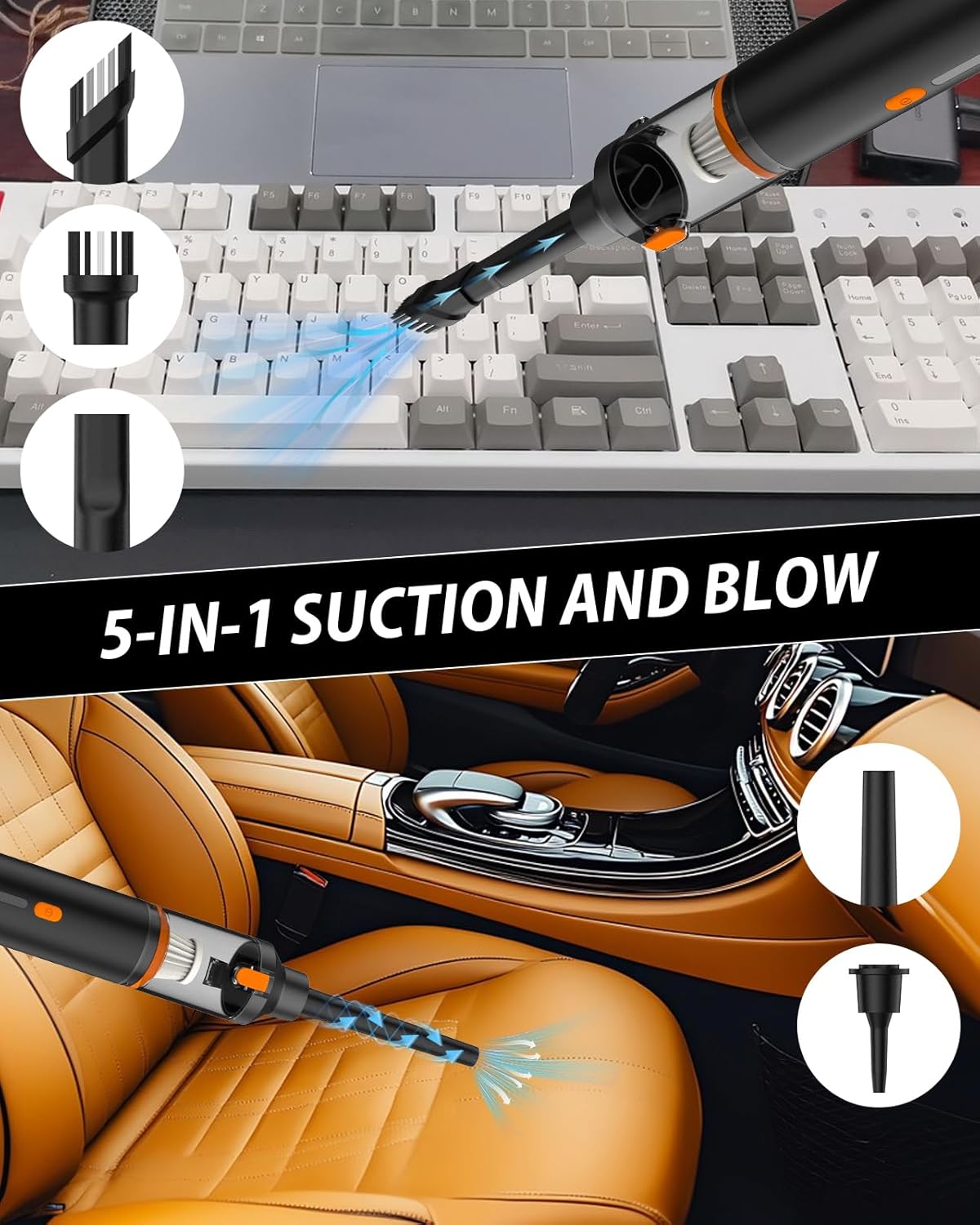 Cordless Handheld Car Vacuum Cleaner, 19000Pa High Suction Power, 2-in-1 Blow & Suction, Portable Mini Vacuum for Car, Desk, Keyboards, Pet Hair - Image 2