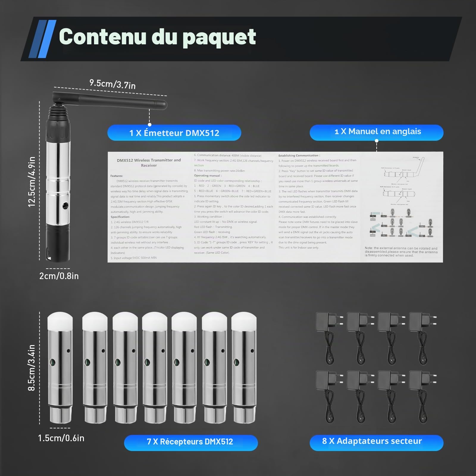 DMX512 Transmetteur avec 7 récepteurs, contrôleur DMX sans fil 2,4 G ISM, éclairage LED, contrôleur de lumière DMX sans fil, effets de lumière de signal, contrôle sans fil pour DJ LED sur scène, bar,