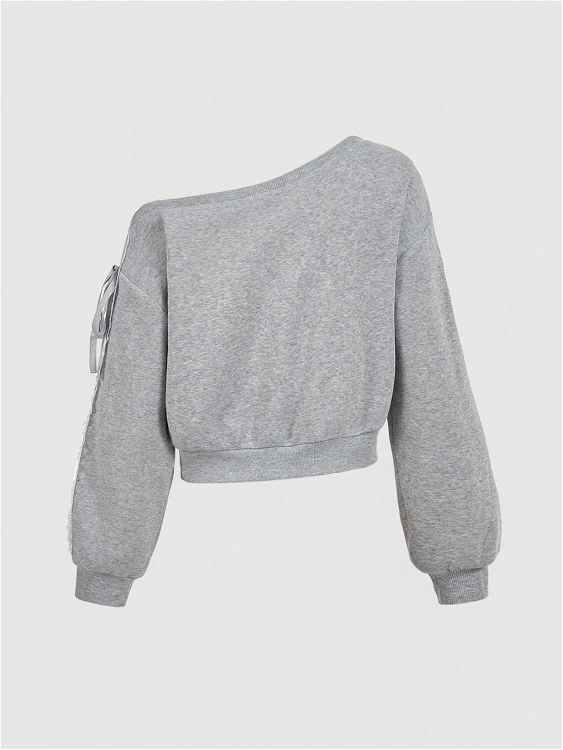 WDIRARA Women's Off the Shoulder Crop Sweatshirt Lace Trim Tie Side Pullover Tops - Image 2