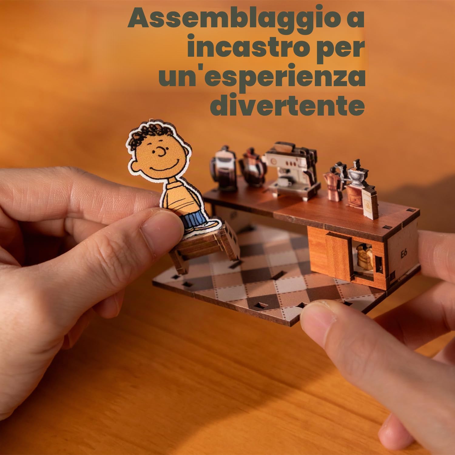 puremind Snoopy PEANUTS Book Nook, Puzzle 3D legno, mini caffè luminoso DIY