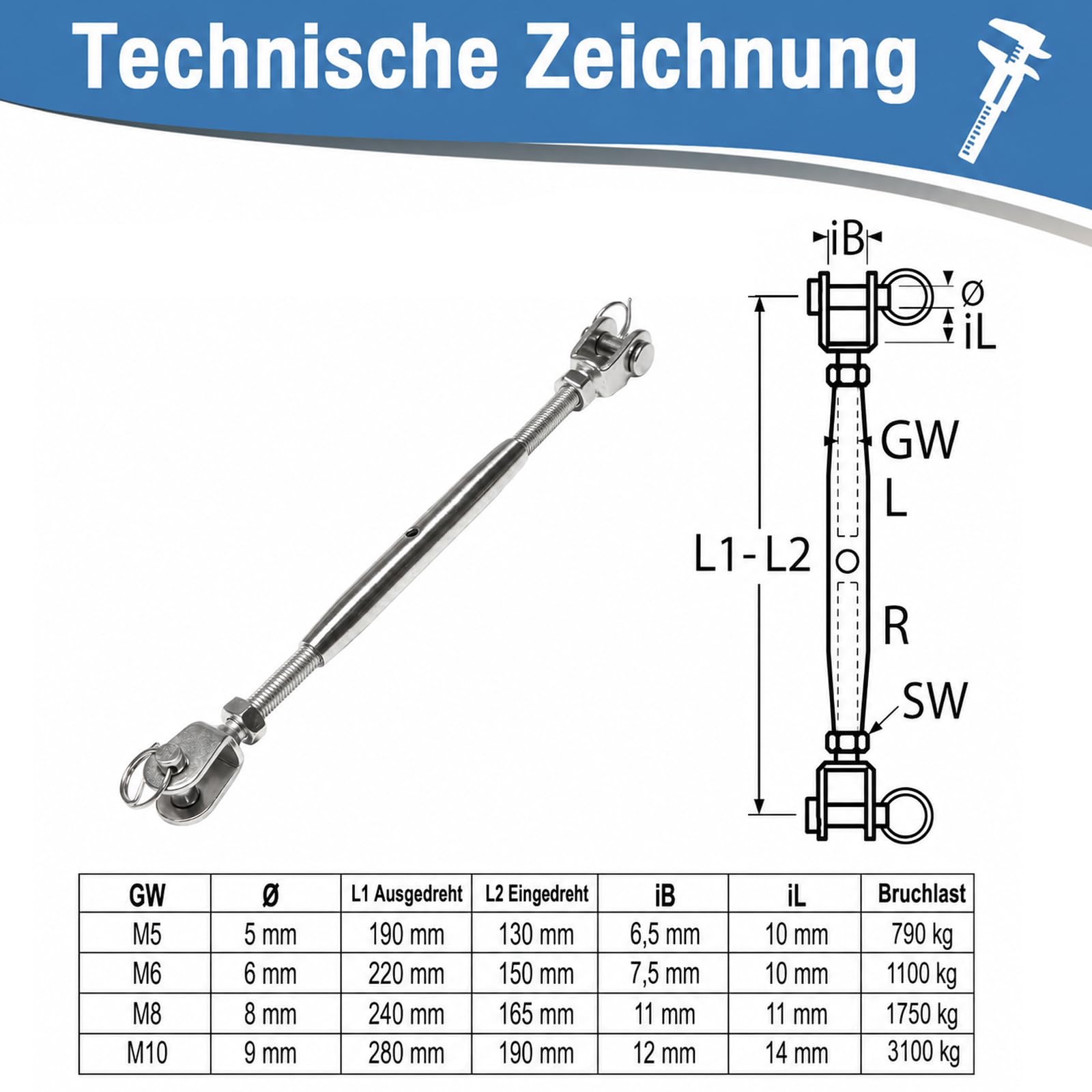 Wantenspanner Seilspanner Drahtspanner Spannschloss Spannschraube Gabel - 10 Stück Größe: M10 Rostfreie Spanner aus Edelstahl V4A zum Spannen von Drahtseilen, Sonnensegel, Markise & Ketten