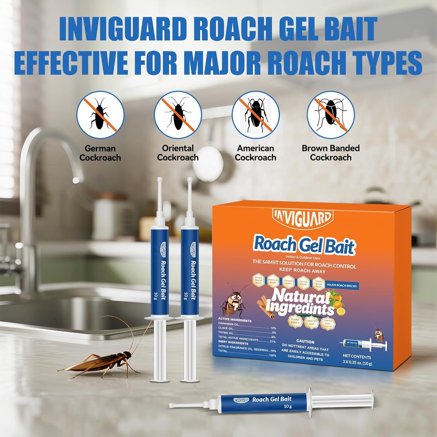 Roach Gel Bait, 3Tubes x 10-Grams, Roach Gel Bait Traps, Cockroach Repellents for German and Small Roaches, Cockroach Gel Bait for Home and Kitchen, Quick Elimination of Indoor Roaches Nests