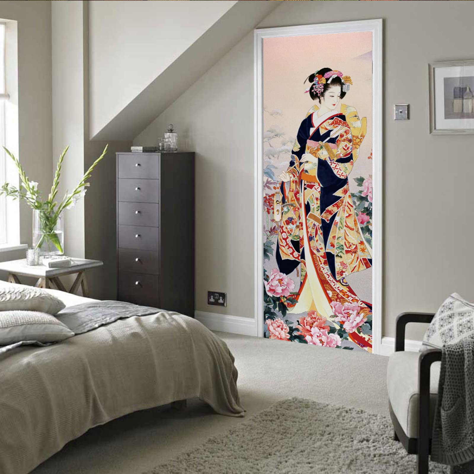 Sticker Porte 3D Trompe-l'œil Style Japonais 77x200 Cm – Autocollant Mural Amovible Décoration Chambre Salon