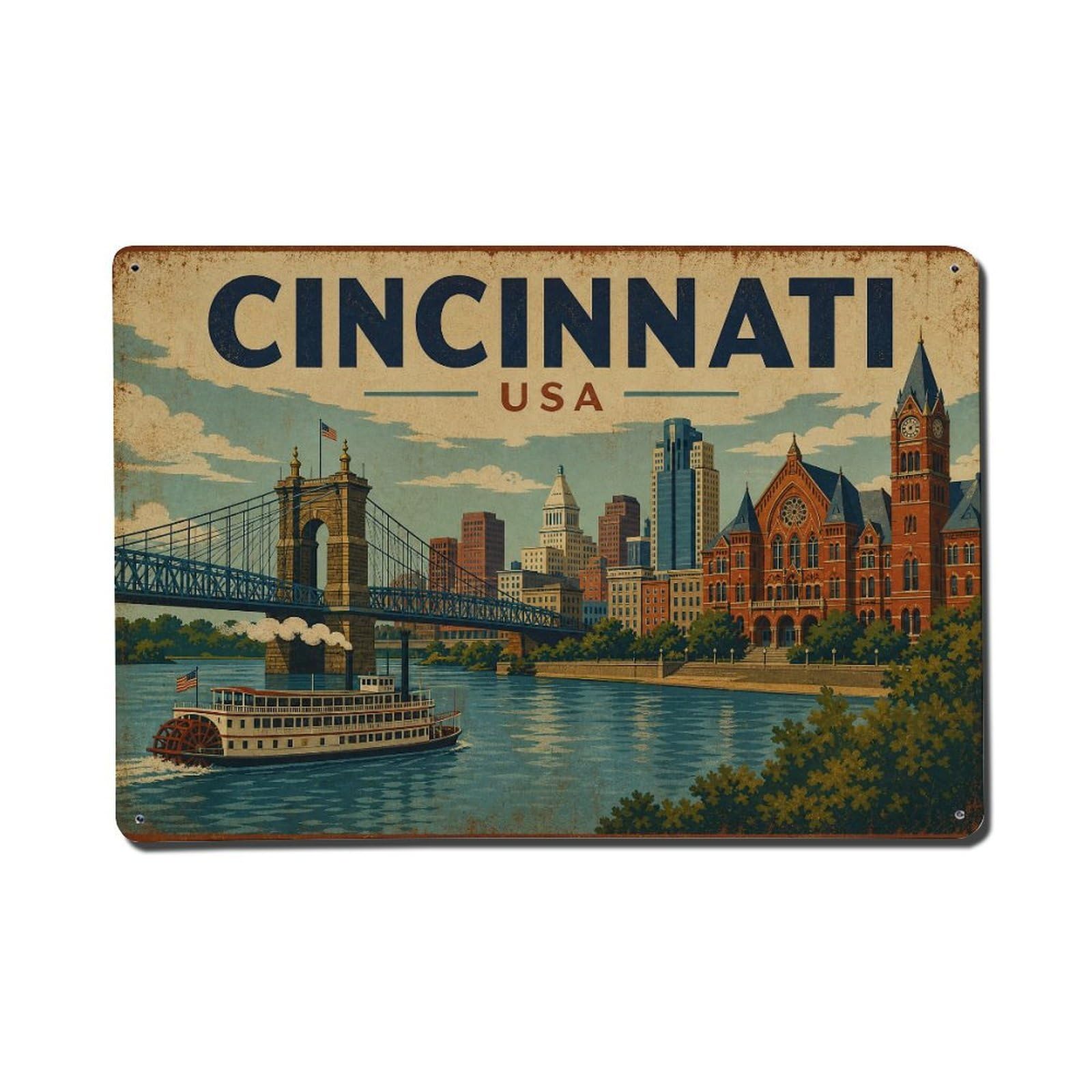 Retro Travel USA Cincinnati Metal Tin Sign