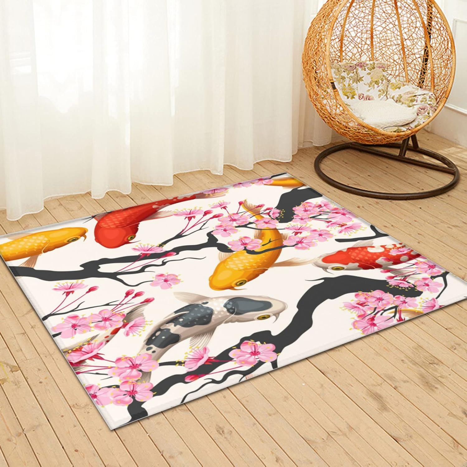 3' x 5' Cartoon Japanese Koi Fish Sakura Super Soft Area Rug for Kids Baby Nursery, Nursery Children Kids Girls Room Home Decorative, Machine Washable Super Soft Rug