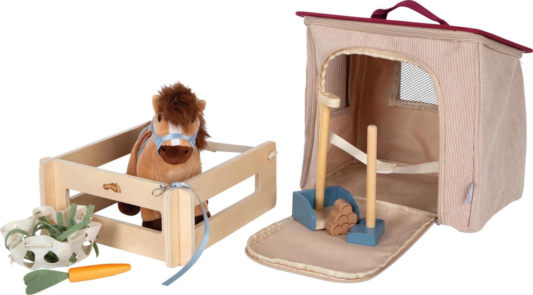 Small Foot Set da Gioco Cavallo con stalla e Accessori nella Borsa, Cavallo di Peluche con numerosi Accessori per Cavalcare e per la Cura, per Bambini dai 2 Anni, 12731