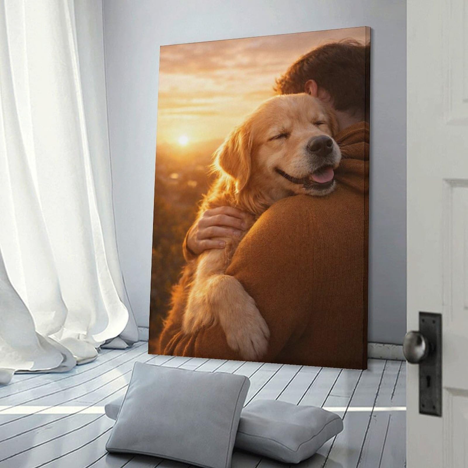 Junmoney Golden Retriever Hugged at Sunset Room Decor Wall Art, 20x30inch(50x75cm), for Hallway, Lounge Or Guest Room, Gift Idea for Housewarming And Birthdays