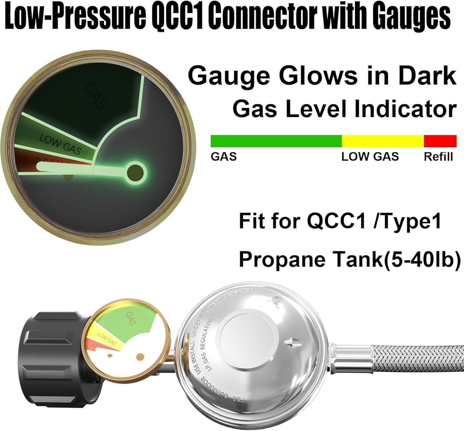 NQN 6 Feet Propane Hose with Regulator, Universal Gas Grill Regulator and Hose with Gauge for Blackstone 28''/36''Griddle,Weber Grill,Propane fire pit and More,3/8" Female Flare for Most LP Gas Grills