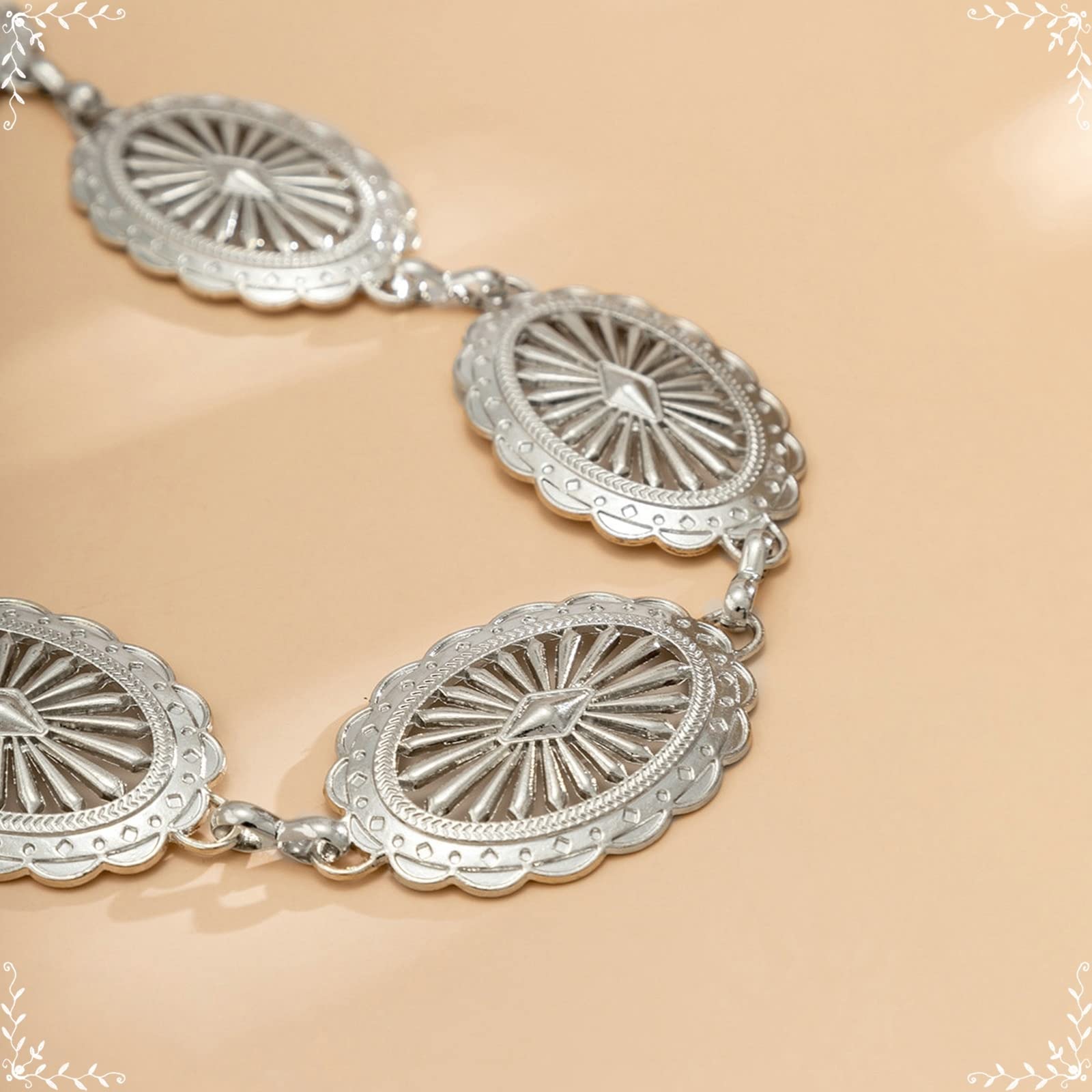 Cinture a Catena di Fiori Occidentali per Donna, Catene in Vita per Jeans placcate in Argento con Catena in Vita a Fiori Cavi 43 Pollici (110 cm)