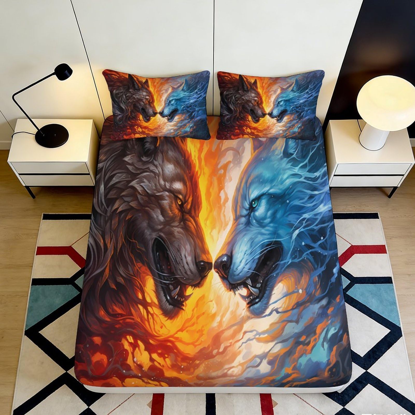 3D Printed Fire and Ice Wolf Fitted Sheet Microfiber Deep Pocket Non-Slip Bedding Full Wrap Wolf Mattress Fitted Cover Washable 90x200x25cm