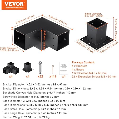 Miniatura 116 de VEVOR Kit de soporte para pérgola de 6 x 6 pulgadas (tamaño interior 5.6 x 5.6), 4 piezas de soporte de esquina resistente de 3 vías, kit de base