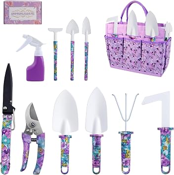 FamilyKit Gardening Tools Set,10 PC Purple Floral Garden Tool Set | Gardening Tools Kit with Ergonomic Non-Slip Handle, Ideal Womens Gift