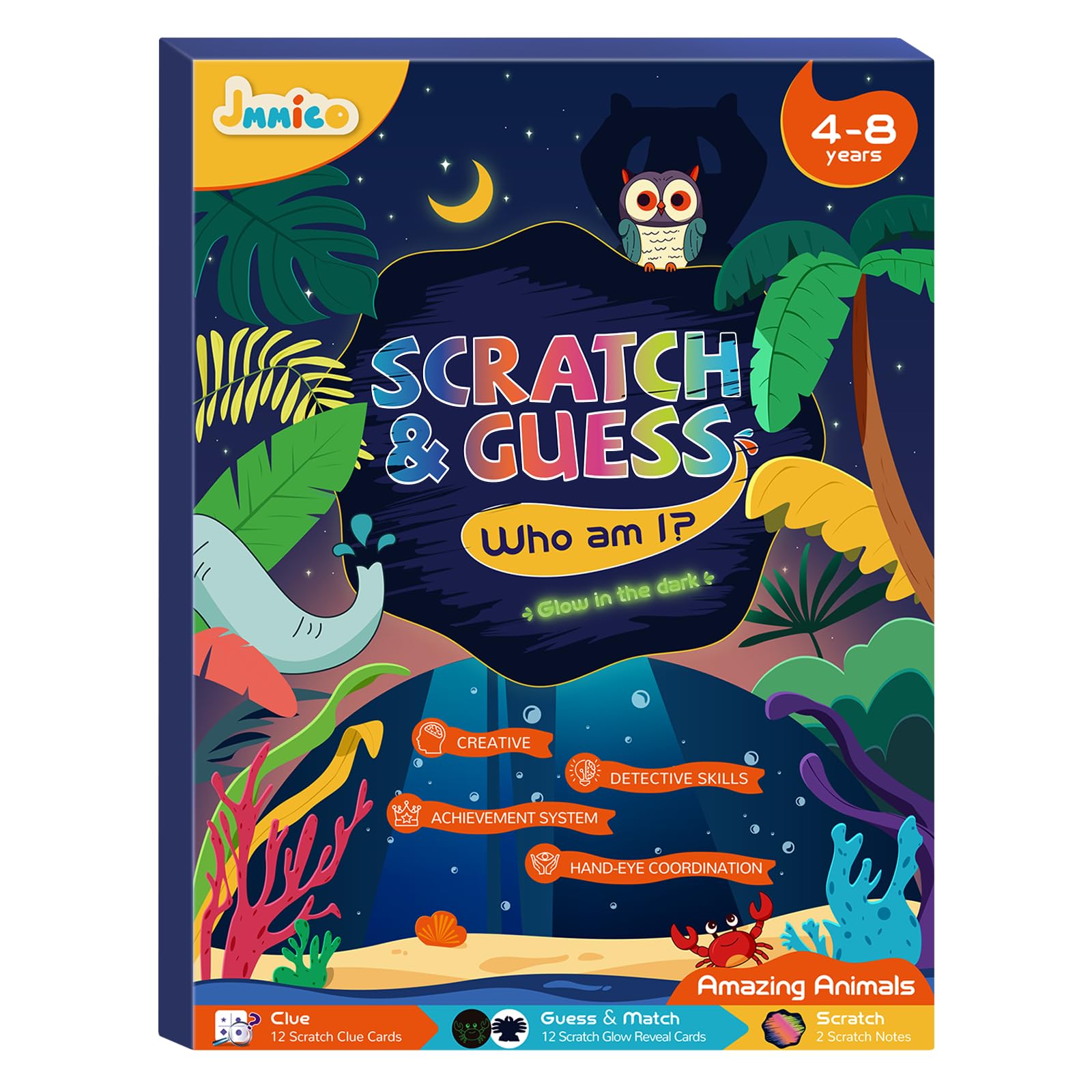 JMMICO Scratch Art Book for Kids, Scratch & Guess 12 Animals, with 2 Pack Rainbow Scratch Notebooks, Arts and Crafts for Kids Ages 4-8, Travel Toys,
