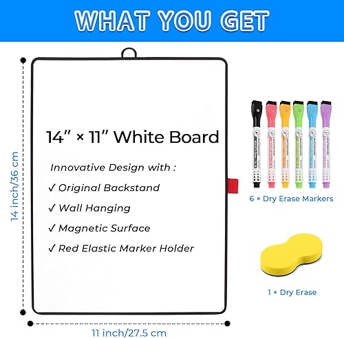 Miniatura 3 de Pizarra blanca pequeña magnética de borrado en seco de 14 x 11 pulgadas, pizarra blanca iNenya con soporte y colgar, pizarra blanca de nevera,