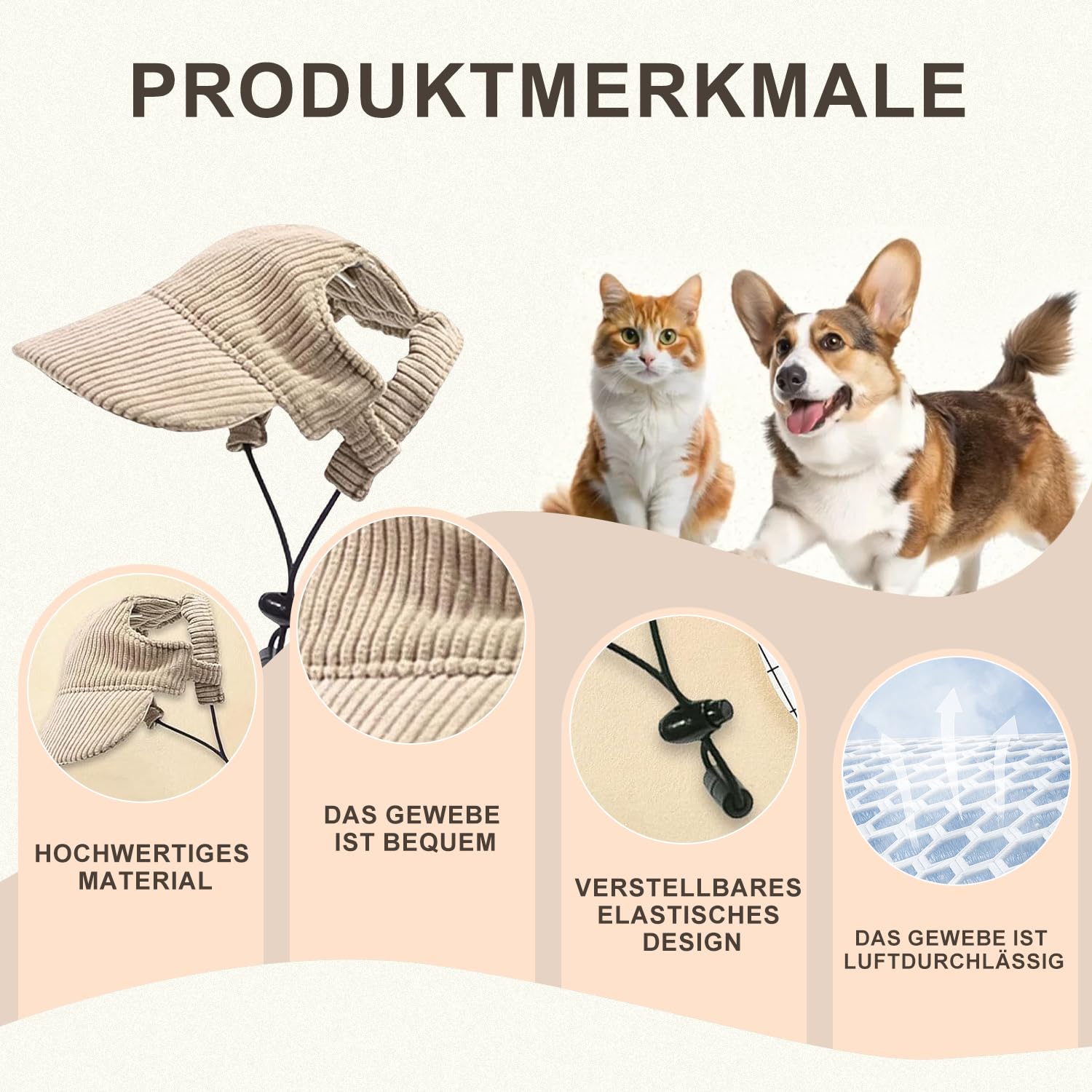 Voarge Dog Baseball Cap, Adjustable Dog Cap with Ear Holes Sun Hat Summer Travel Hat Corduroy Breathable Dog Sun Hat (Khaki, S) - Image 3