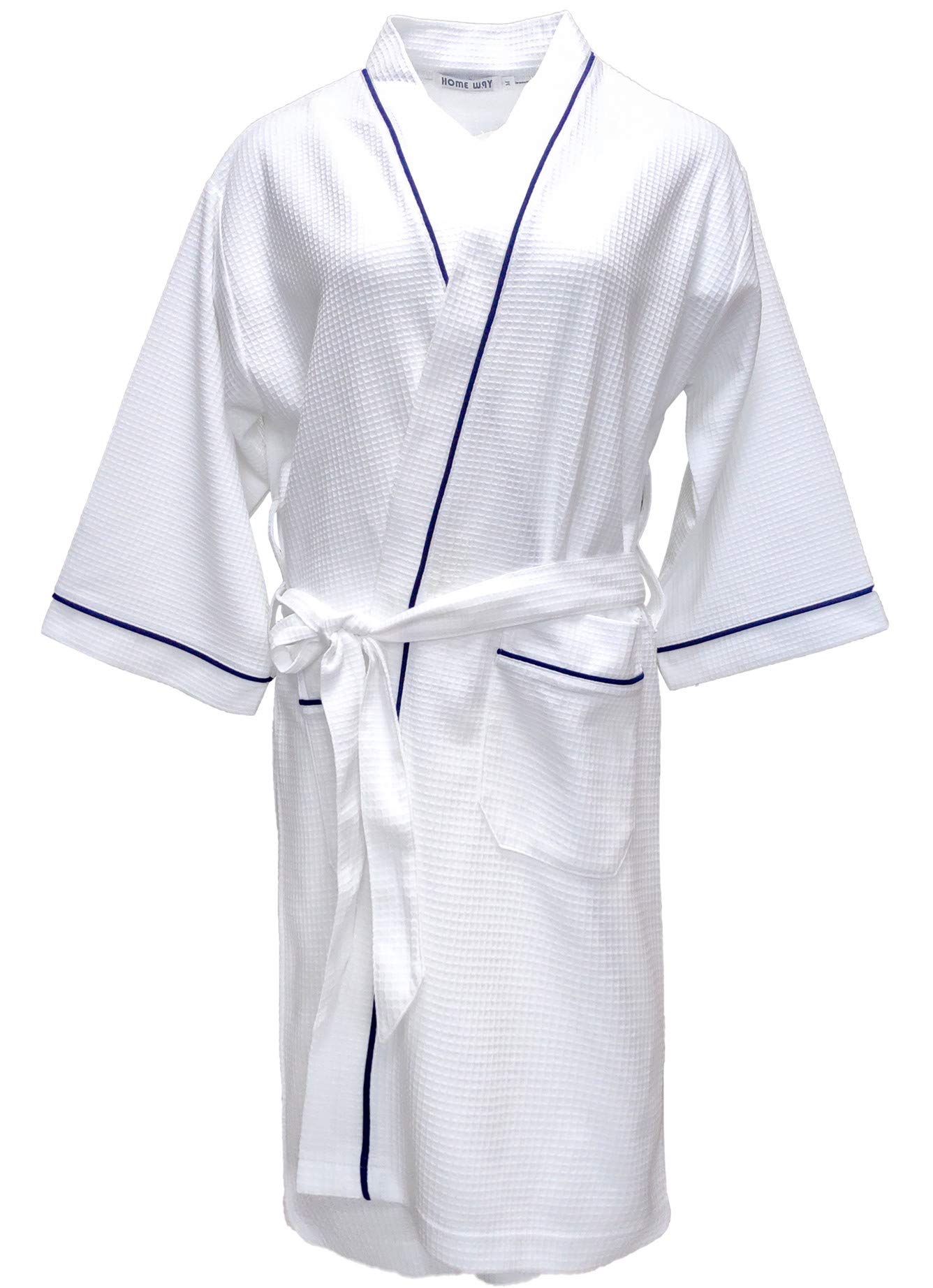 HOME WAY Bathrobe, Waffle Fabric, Lightweight, Summer, Men's, Women's, Gown, Cotton, Housewear, Loungewear, Gentle On The Skin, Hotel, After Bath, Absorbent, Thermal, Breathable, Unisex, Bath white 2XL
