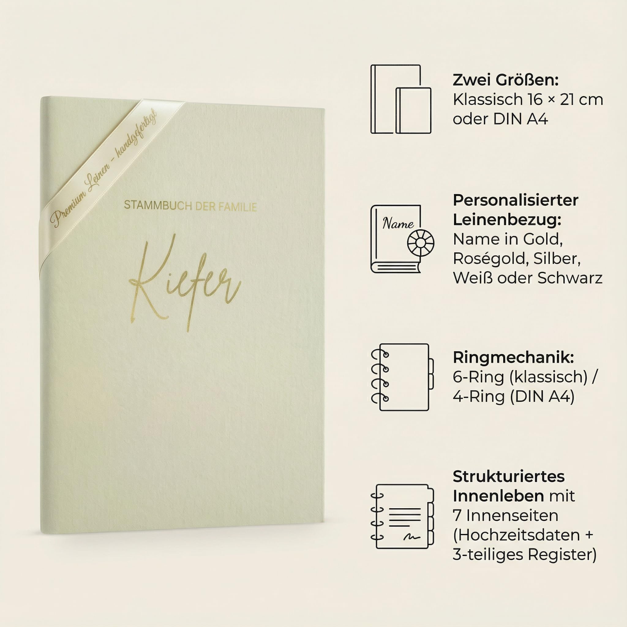 Stammbuch Hochzeit personalisiert aus echtem Leinen handgefertigt inkl. vorgedruckten Innenseiten - A4 oder Klassisches 16x21cm